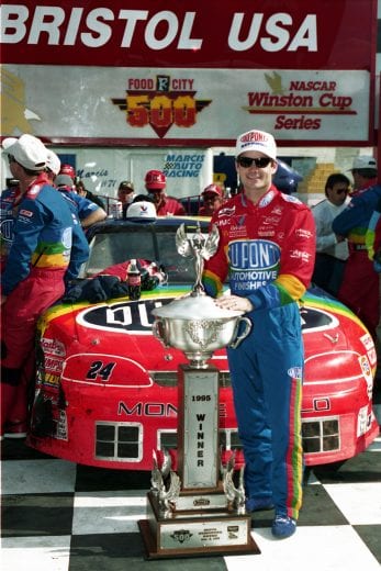 BRISTOL, TN - APRIL 2, 1995: With his third victory of the young season, Jeff Gordon jumped from 23rd to fourth in the Cup point standings, after pulling off a triumph in the Food City 500 at Bristol International Raceway. (Photo by ISC Images & Archives via Getty Images)