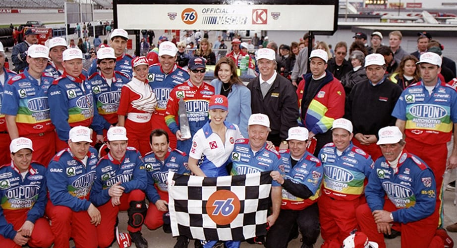22 Feb 1998: Jeff Gordon and his crew celebrate during the Goodwrench 400 at North Carolina Speedway in Rockingham, North Carolina. Mandatory Credit: Craig Jones /Allsport