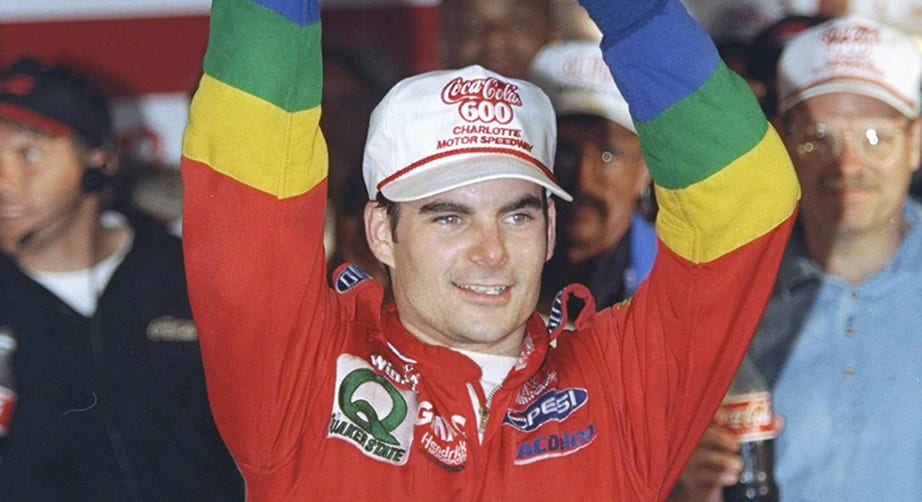 25 May 1997: Jeff Gordon celebrates after winning the Coca-Cola 600 at the Charlotte Motor Speedway in Concord, North Carolina.
