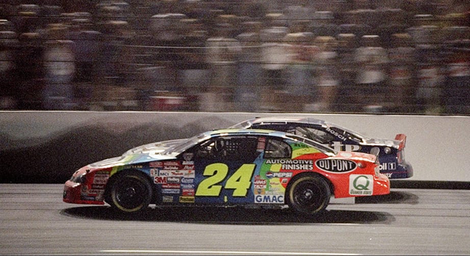 24 May 1998: Jeff Gordon #24 passes Rusty Wallace #2 for the win during the Nascar Coca Cola 600 at the Charlotte Motor Speedway in Concord, North Carolina. Mandatory Credit: Craig Jones /Allsport