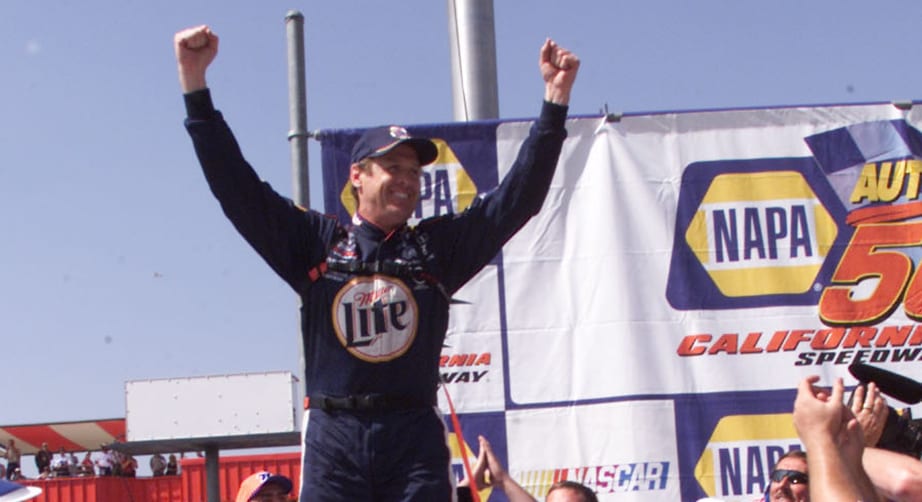 29 Apr 2001: Rusty Wallace celebrates winning the NAPA Auto Parts 500 at the California Speedway in Fontana, California. DIGITAL IMAGE Mandatory Credit: Jonathan Ferrey/ALLSPORT
