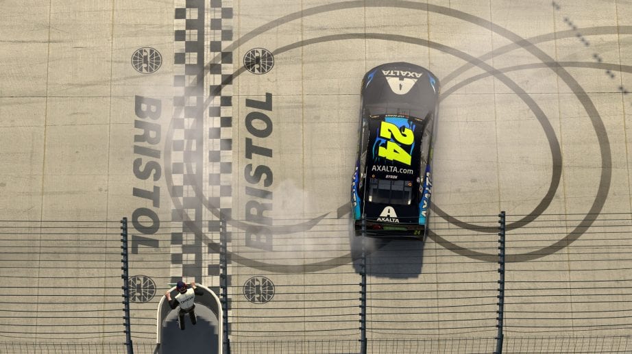 BRISTOL, TENNESSEE - APRIL 05: (EDITORIAL USE ONLY) (Editors note: This image was computer generated in-game) William Byron, driver of the #24 Axalta Chevrolet, wins at Bristol Motor Speedway on April 05, 2020 in Bristol, Tennessee. (Photo by Chris Graythen/Getty Images) | Getty Images