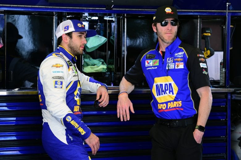 DAYTONA BEACH, FL - FEBRUARY 15:  Chase Elliott, driver of the #9 NAPA Auto Parts Chevrolet, stands in the garage with crew chief Alan Gustafson  during practice for the Monster Energy NASCAR Cup Series 61st Annual Daytona 500  at Daytona International Speedway on February 15, 2019 in Daytona Beach, Florida.  (Photo by Jared C. Tilton/Getty Images) | Getty Images