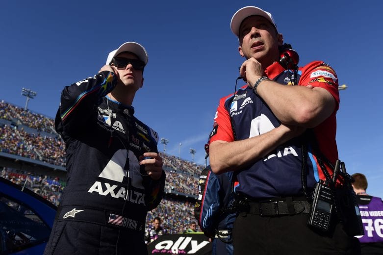 DAYTONA BEACH, FLORIDA - FEBRUARY 17: William Byron, driver of the #24 Axalta 'Color of the Year' Chevrolet, stands with crew chief Chad Knaus during the NASCAR Cup Series 62nd Annual Daytona 500 at Daytona International Speedway on February 17, 2020 in Daytona Beach, Florida. (Photo by Jared C. Tilton/Getty Images) | Getty Images