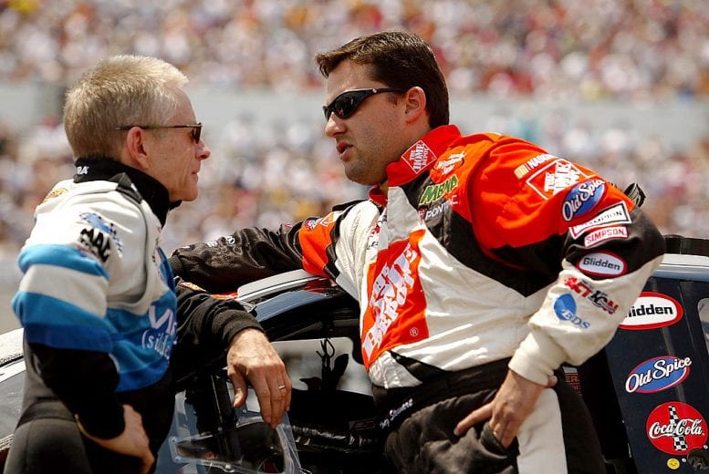 LONG POND, PA - JUNE 9:?Mark Martin talks with Tony Stewart prior to Sunday's NASCAR Winston Cup Pocono 500 on June 9, 2002 at Pocono Raceway in Long Pond, Pennsylvania. (Photo By Jamie Squire/Getty Images) | Getty Images