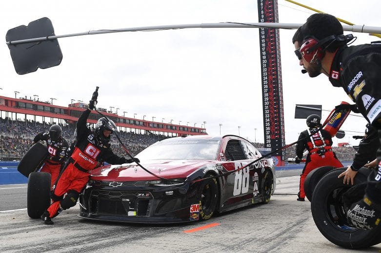 FONTANA, CALIFORNIA - MARCH 01: Alex Bowman, driver of the #88 Cincinnati Chevrolet, pits during the NASCAR Cup Series Auto Club 400 at Auto Club Speedway on March 01, 2020 in Fontana, California. (Photo by Stacy Revere/Getty Images) | Getty Images