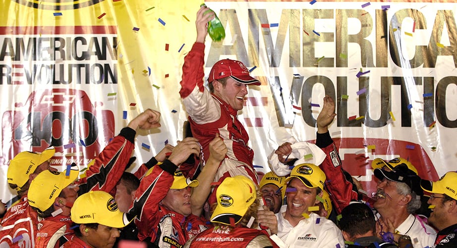 RICHMOND, VA - MAY 14: Kasey Kahne, driver of the #9 Evernham Motorsports Dodge, celebrates in Victory Lane after winning the NASCAR Nextel Cup Series Chevy American Revolution 400 on May 14, 2005 at the Richmond International Raceway in Richmond, Virginia. (Photo by Rusty Jarrett/Getty Images) | Getty Images