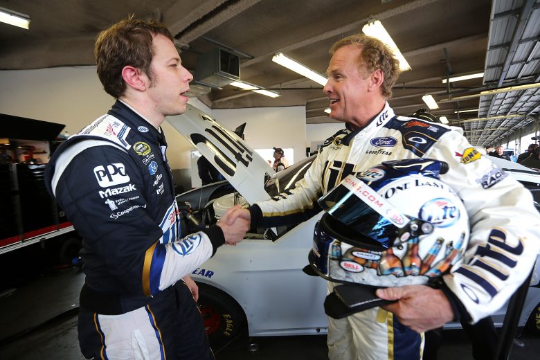 DAYTONA BEACH, FL - JANUARY 10: Brad Kesleowksi driver of the #2 Miller Lite Ford talks with Rusty Wallace during NASCAR Preseason Thunder at Daytona International Speedway on January 10, 2014 in Daytona Beach, Florida. (Photo by Jerry Markland/NASCAR via Getty Images)