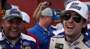 TALLADEGA, ALABAMA - OCTOBER 14: Ryan Blaney, driver of the #12 Dent Wizard Ford, celebrates in Victory Lane after winning the Monster Energy NASCAR Cup Series 1000Bulbs.com 500 at Talladega Superspeedway on October 14, 2019 in Talladega, Alabama. (Photo by Chris Graythen/Getty Images) | Getty Images