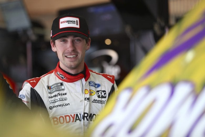 FONTANA, CALIFORNIA - FEBRUARY 28: Ryan Blaney, driver of the #12 BodyArmor Ford, prepares for practice laps at Auto Club Speedway on February 28, 2020 in Fontana, California. (Photo by Meg Oliphant/Getty Images) | Getty Images