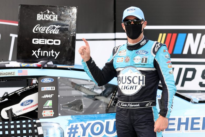 DARLINGTON, SOUTH CAROLINA - MAY 17:  Kevin Harvick, driver of the #4 Busch Light #YOURFACEHERE Ford, celebrates in Victory Lane after winning during the NASCAR Cup Series The Real Heroes 400 at Darlington Raceway on May 17, 2020 in Darlington, South Carolina. (Photo by Chris Graythen/Getty Images) | Getty Images