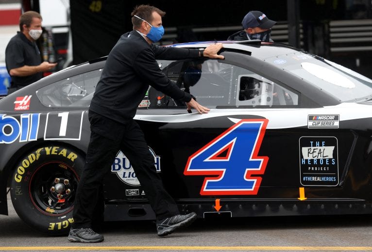 DARLINGTON, SOUTH CAROLINA - MAY 20: Crew chief, Rodney Childers pushes the  #4 Mobil 1 Ford, driven by Kevin Harvick through the garage area prior to the  NASCAR Cup Series Toyota 500 at Darlington Raceway on May 20, 2020 in Darlington, South Carolina. (Photo by Chris Graythen/Getty Images) | Getty Images
