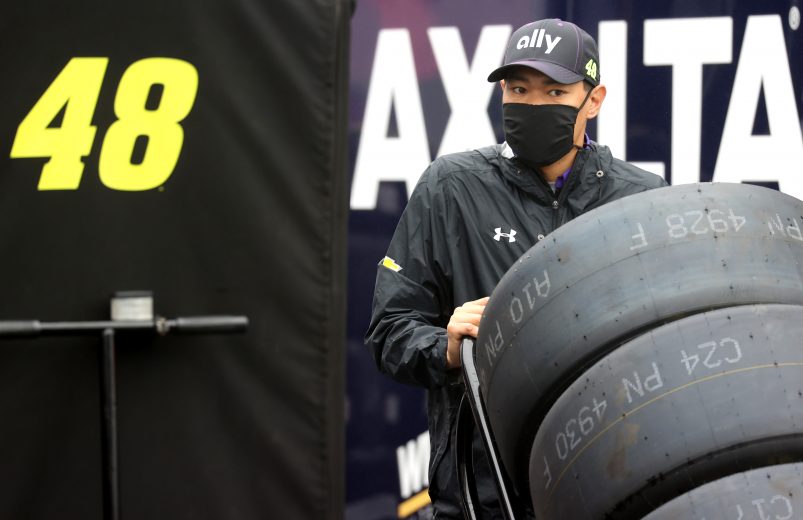 DARLINGTON, SOUTH CAROLINA - MAY 20: A crew member for Jimmie Johnson (not pictured), driver of the #48 Ally Chevrolet, prepares tires prior to the NASCAR Cup Series Toyota 500 at Darlington Raceway on May 20, 2020 in Darlington, South Carolina. (Photo by Chris Graythen/Getty Images) | Getty Images