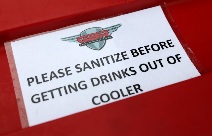 DARLINGTON, SOUTH CAROLINA - MAY 20: A sign to sanitize drinks is seen on the cooler of the team of Daniel Suarez, driver of the #96 Today.Tomorrow.Toyota Toyota, during the NASCAR Cup Series Toyota 500 at Darlington Raceway on May 20, 2020 in Darlington, South Carolina. (Photo by Chris Graythen/Getty Images) | Getty Images