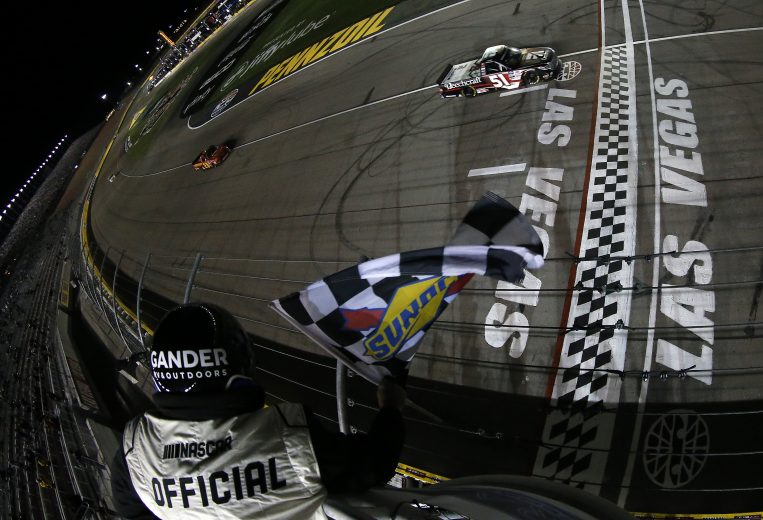 LAS VEGAS, NEVADA - FEBRUARY 21: Kyle Busch, driver of the #51 Cessna Toyota, takes the checkered flag during the NASCAR Gander RV & Outdoor Strat 200 at Las Vegas Motor Speedway on February 21, 2020 in Las Vegas, Nevada. (Photo by Jonathan Ferrey/Getty Images) | Getty Images
