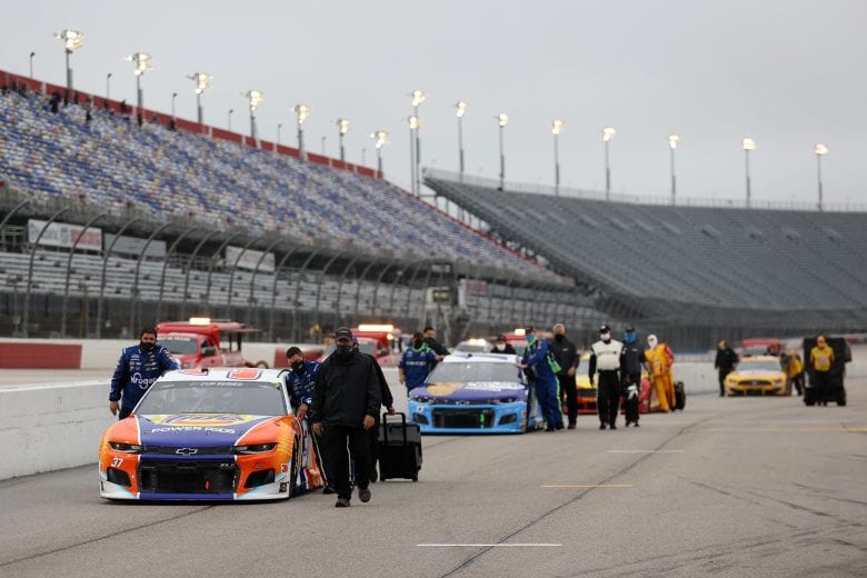DARLINGTON, SOUTH CAROLINA - MAY 20: Crew members push the #37 Tide Power Pods Chevrolet, driven by Ryan Preece down pit road prior to the NASCAR Cup Series Toyota 500 at Darlington Raceway on May 20, 2020 in Darlington, South Carolina. (Photo by Chris Graythen/Getty Images) | Getty Images