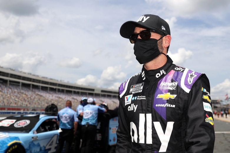 CONCORD, NORTH CAROLINA - MAY 24: Jimmie Johnson, driver of the #48 Ally Patriotic Chevrolet, stands on the grid during qualifying for the NASCAR Cup Series Coca-Cola 600 at Charlotte Motor Speedway on May 24, 2020 in Concord, North Carolina. (Photo by Chris Graythen/Getty Images) | Getty Images