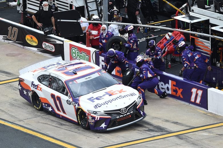 CONCORD, NORTH CAROLINA - MAY 24: Denny Hamlin, driver of the #11 FedEx SupportSmall Toyota,  pits during the NASCAR Cup Series Coca-Cola 600 at Charlotte Motor Speedway on May 24, 2020 in Concord, North Carolina. (Photo by Jared C. Tilton/Getty Images) | Getty Images