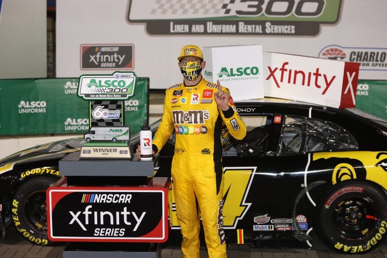 CONCORD, NORTH CAROLINA - MAY 25: Kyle Busch, driver of the #54 App State Class of 2020 Toyota, celebrates in Victory Lane after winning the NASCAR Xfinity Series Alsco 300 at Charlotte Motor Speedway on May 25, 2020 in Concord, North Carolina. (Photo by Chris Graythen/Getty Images) | Getty Images