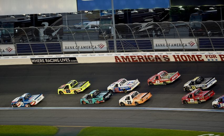 CONCORD, NORTH CAROLINA - MAY 26: Austin Hill, driver of the #16 United Rentals Toyota, and Matt Crafton, driver of the #88 Oklahoma Joe's Smokers/Menards Ford, lead the field during the NASCAR Gander Outdoors Trucks Series North Carolina Education Lottery 200 at Charlotte Motor Speedway on May 26, 2020 in Concord, North Carolina. (Photo by Jared C. Tilton/Getty Images) | Getty Images