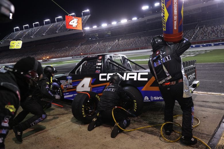 CONCORD, NORTH CAROLINA - MAY 26: Raphael Lessard, driver of the #4 Canac Toyota, pits during the NASCAR Gander Outdoors Trucks Series North Carolina Education Lottery 200 at Charlotte Motor Speedway on May 26, 2020 in Concord, North Carolina. (Photo by Chris Graythen/Getty Images) | Getty Images