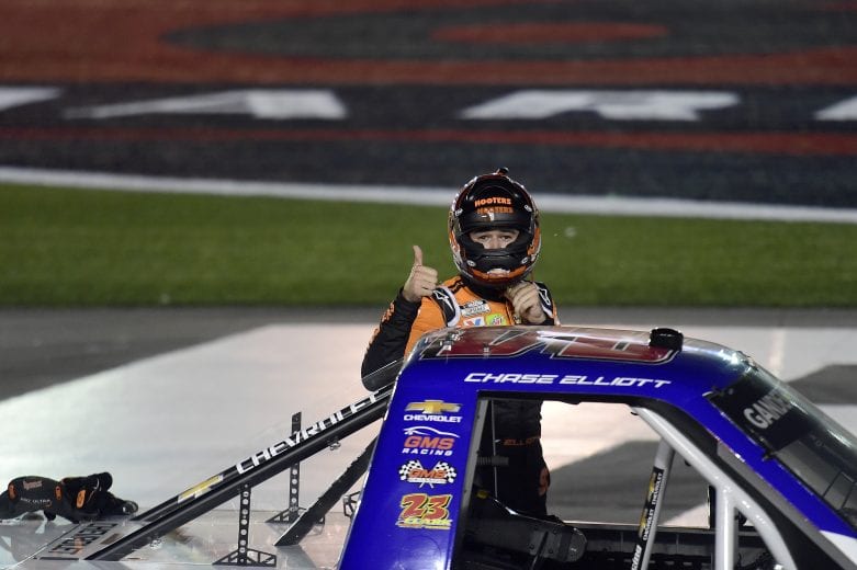 CONCORD, NORTH CAROLINA - MAY 26: Chase Elliott, driver of the #24 iRacing Chevrolet, celebrates after winning the NASCAR Gander Outdoors Trucks Series North Carolina Education Lottery 200 at Charlotte Motor Speedway on May 26, 2020 in Concord, North Carolina. (Photo by Jared C. Tilton/Getty Images) | Getty Images
