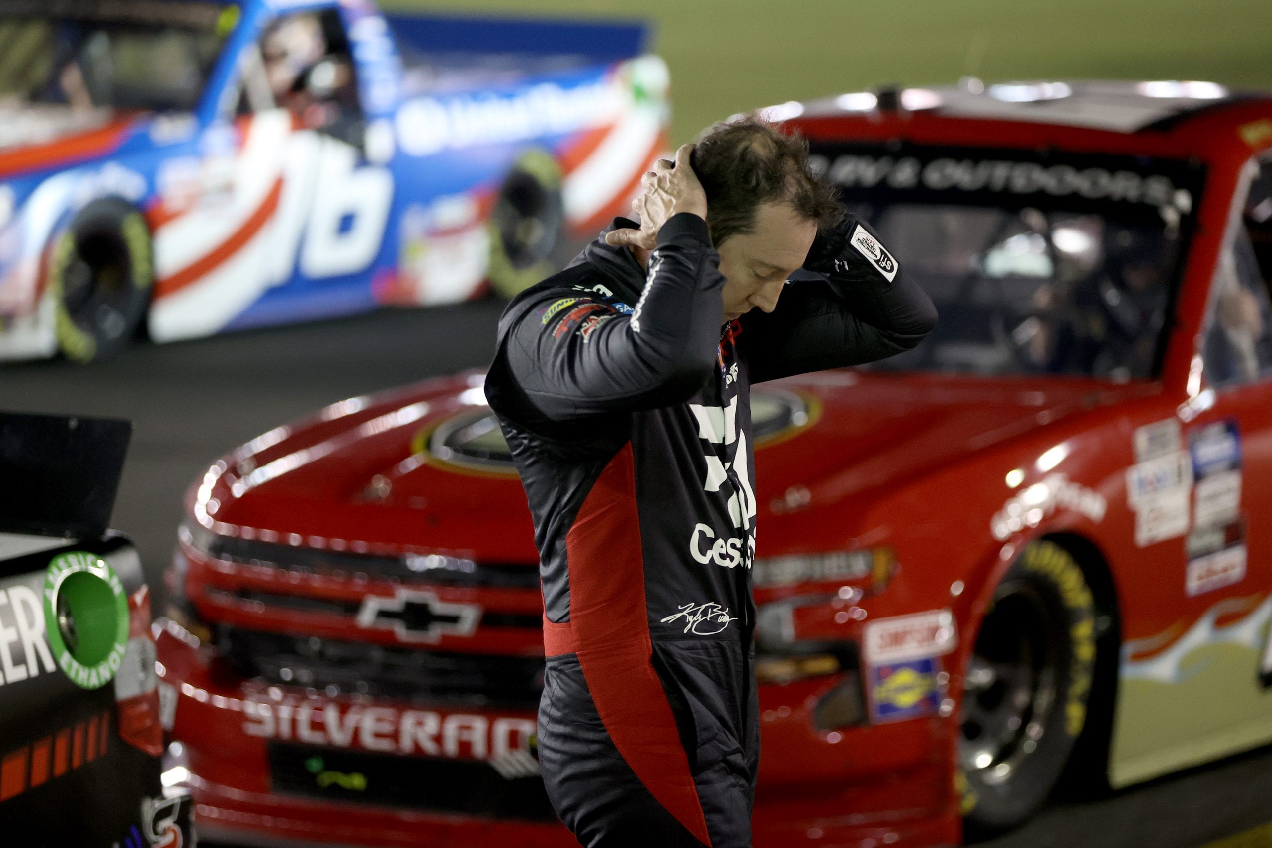 CONCORD, NORTH CAROLINA - MAY 26: Kyle Busch, driver of the #51 Cessna Toyota, exits his truck after the NASCAR Gander Outdoors Trucks Series North Carolina Education Lottery 200 at Charlotte Motor Speedway on May 26, 2020 in Concord, North Carolina. (Photo by Chris Graythen/Getty Images) | Getty Images