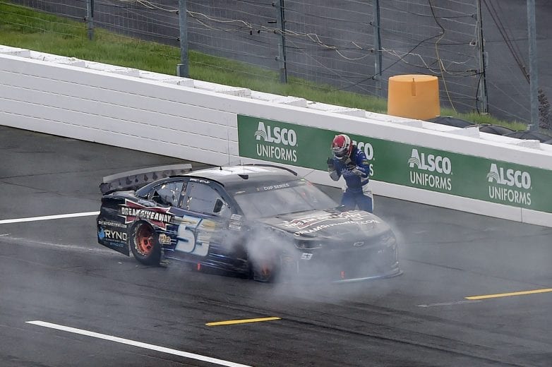 CONCORD, NORTH CAROLINA - MAY 28: Garrett Smithley, driver of the #53 Chevrolet, exits the vehicle following an on-track incident during the NASCAR Cup Series Alsco Uniforms 500 at Charlotte Motor Speedway on May 28, 2020 in Concord, North Carolina. (Photo by Jared C. Tilton/Getty Images) | Getty Images