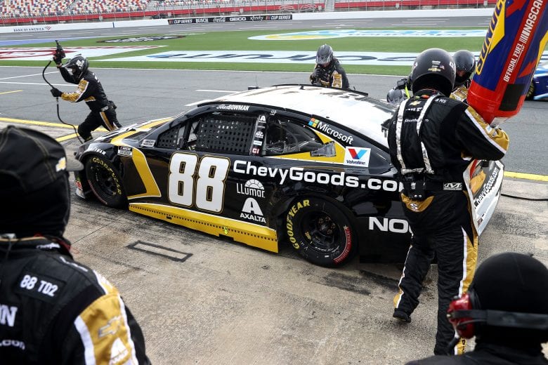 CONCORD, NORTH CAROLINA - MAY 28: Alex Bowman, driver of the #88 ChevyGoods.com/NOCO Chevrolet, pits during the NASCAR Cup Series Alsco Uniforms 500 at Charlotte Motor Speedway on May 28, 2020 in Concord, North Carolina. (Photo by Chris Graythen/Getty Images) | Getty Images