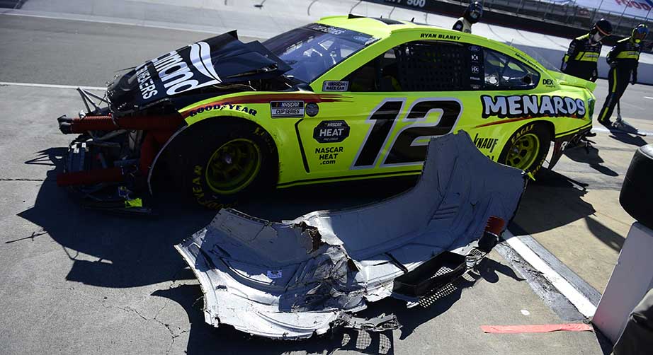 BRISTOL, TENNESSEE - MAY 31: Ryan Blaney, driver of the #12 Menards/Richmond Ford, pits after a spin impact during the NASCAR Cup Series Food City presents the Supermarket Heroes 500 at Bristol Motor Speedway on May 31, 2020 in Bristol, Tennessee. (Photo by Jared C. Tilton/Getty Images) | Getty Images