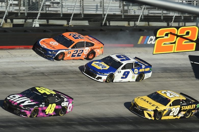 BRISTOL, TENNESSEE - MAY 31: Joey Logano, driver of the #22 Autotrader Ford,and Chase Elliott, driver of the #9 NAPA Auto Parts Chevrolet, crash during the NASCAR Cup Series Food City presents the Supermarket Heroes 500 at Bristol Motor Speedway on May 31, 2020 in Bristol, Tennessee. (Photo by Jared C. Tilton/Getty Images) | Getty Images