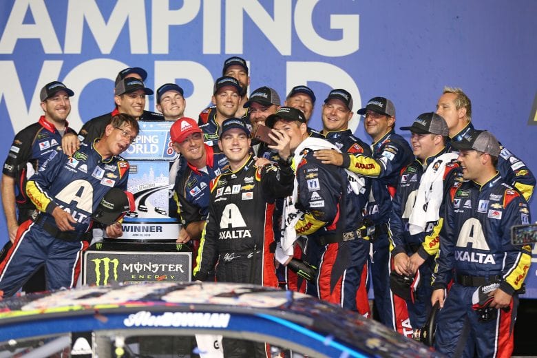 JOLIET, ILLINOIS - JUNE 30: Alex Bowman, driver of the #88 Axalta Chevrolet, takes a selfie with his crew after winning the Monster Energy NASCAR Cup Series Camping World 400 at Chicagoland Speedway on June 30, 2019 in Joliet, Illinois. (Photo by Matt Sullivan/Getty Images) | Getty Images