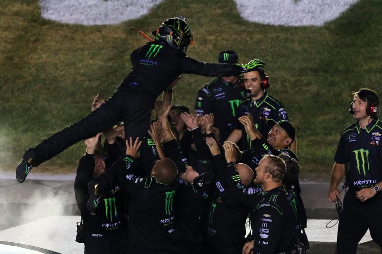 SPARTA, KENTUCKY - JULY 13: Kurt Busch, driver of the #1 Monster Energy Chevrolet, celebrates with his crew members after winning the Monster Energy NASCAR Cup Series Quaker State 400 Presented by Walmart at Kentucky Speedway on July 13, 2019 in Sparta, Kentucky. (Photo by Daniel Shirey/Getty Images)
