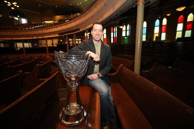 NASHVILLE, TENNESSEE - DECEMBER 04: Monster Energy NASCAR Cup Series Champion Kyle Busch poses for a photo with the Championship Trophy at the Ryman Auditorium on December 04, 2019 in Nashville, Tennessee. (Photo by Chris Graythen/Getty Images) | Getty Images