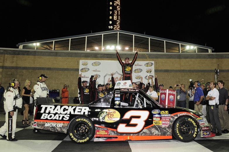 LEBANON, TN - JULY 22: Austin Dillon, driver of the #3 Bass Pro Shops/Tracker Boats Chevrolet, celebrates in Victory Lane after winning the NASCAR Camping World Truck Series Lucas Deep Clean 200 at Nashville Superspeedway on July 22, 2011 in Lebanon, Tennessee. (Photo by Jared C. Tilton/Getty Images for NASCAR) | Getty Images