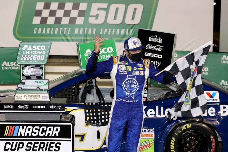 CONCORD, NORTH CAROLINA - MAY 28: Chase Elliott, driver of the #9 Kelley Blue Book Chevrolet, celebrates in Victory Lane after winning the NASCAR Cup Series Alsco Uniforms 500 at Charlotte Motor Speedway on May 28, 2020 in Concord, North Carolina. (Photo by Chris Graythen/Getty Images) | Getty Images