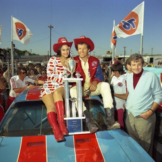 NASHVILLE, TN - MAY 11: Driver Richard Petty celebrates in Victory Lane after winning the Music City USA 420 race on May 11, 1974 at the Nashville Speedway in Nashville, Tennessee. (Photo by Dozier Mobley/Getty Images)