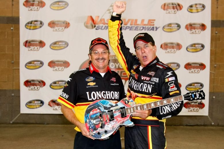 LEBANON, TN - AUGUST 01: Ron Hornaday Jr. (R), driver of the #33 Longhorn Chevrolet, celebrates with crew chief Rick Ren (L) in victory lane after winning the NASCAR Camping World Truck Series Toyota Tundra 200 at Nashville Superspeedway on August 1, 2009 in Lebanon, Tennessee. (Photo by Jason Smith/Getty Images for NASCAR) | Getty Images