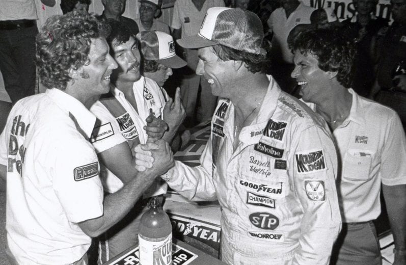 NASHVILLE, TN - MAY 8: Darrell Waltrip celebrates in Victory Lane with his crew after winning the Cracker Barrel Country Store 420. Waltreip would take home $24,025 after the rainy race. (Photo by Racing Photo Archives/Getty Images)