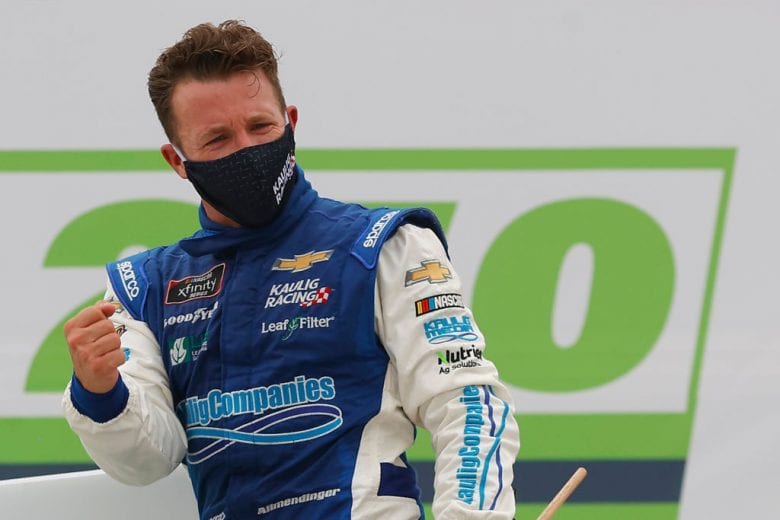HAMPTON, GEORGIA - JUNE 06: AJ Allmendinger, driver of the #16 C2 Freight Resources Chevrolet, celebrates in Victory Lane after winning the NASCAR Xfinity Series EchoPark 250 at Atlanta Motor Speedway on June 06, 2020 in Hampton, Georgia. (Photo by Chris Graythen/Getty Images) | Getty Images