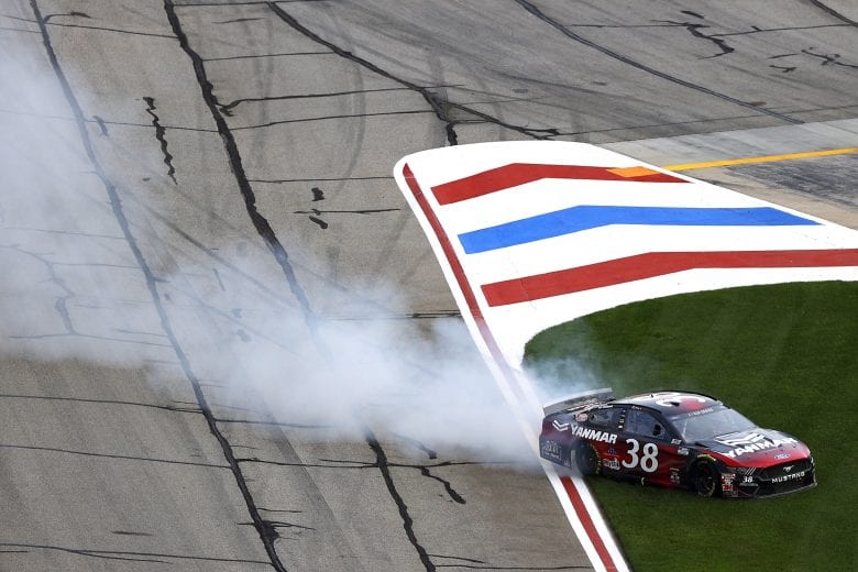 HAMPTON, GEORGIA - JUNE 07: John Hunter Nemechek, driver of the #38 YANMAR Ford, spins during the NASCAR Cup Series Folds of Honor QuikTrip 500 at Atlanta Motor Speedway on June 07, 2020 in Hampton, Georgia. (Photo by Kevin C. Cox/Getty Images) | Getty Images
