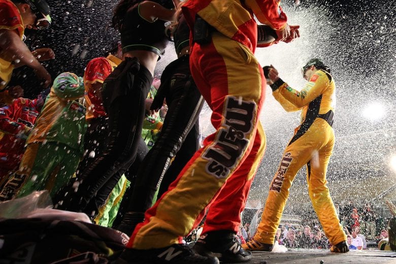 HOMESTEAD, FLORIDA - NOVEMBER 17: Kyle Busch, driver of the #18 M&M's Toyota, celebrates in Victory Lane after winning the Monster Energy NASCAR Cup Series Ford EcoBoost 400 and the Monster Energy NASCAR Cup Series Championship at Homestead Speedway on November 17, 2019 in Homestead, Florida. (Photo by Chris Graythen/Getty Images) | Getty Images