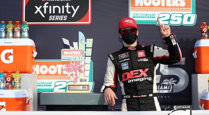Featured image for Harrison Burton rises in late Homestead scramble, lands second Xfinity Series win