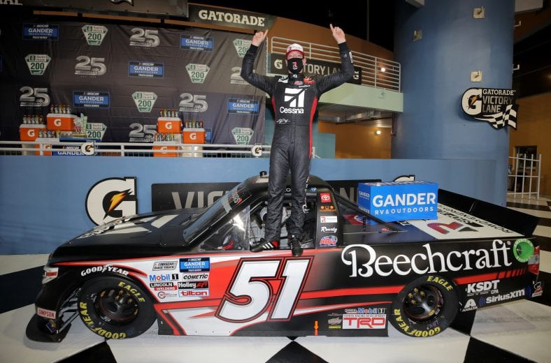 HOMESTEAD, FLORIDA - JUNE 13: Kyle Busch, driver of the #51 Cessna Toyota, celebrates in Victory Lane after winning the NASCAR Gander RV & Outdoors Truck Series Baptist Health 200 at Homestead-Miami Speedway on June 13, 2020 in Homestead, Florida. (Photo by Chris Graythen/Getty Images) | Getty Images