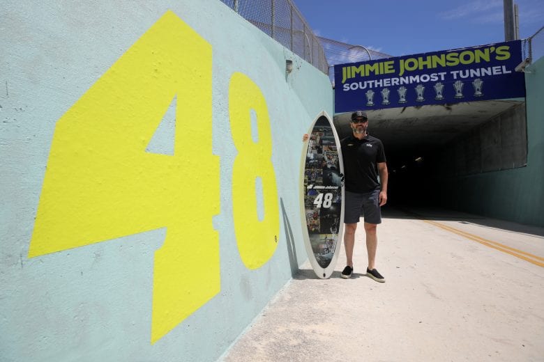 HOMESTEAD, FLORIDA - JUNE 14: Jimmie Johnson, driver of the #48 Ally Chevrolet, poses for a photo opportunity after having the turn three tunnel named in his honor prior to the NASCAR Cup Series Dixie Vodka 400 at Homestead-Miami Speedway on June 14, 2020 in Homestead, Florida. The tunnel will be known as Jimmie Johnson's Southernmost Tunnel. (Photo by Chris Graythen/Getty Images) | Getty Images