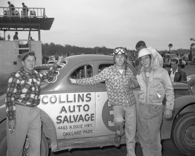 CONCORD, NC - 1956: Red Farmer (C) with one of his early Modified stock cars at Concord Speedway. (Photo by ISC Images & Archives via Getty Images)