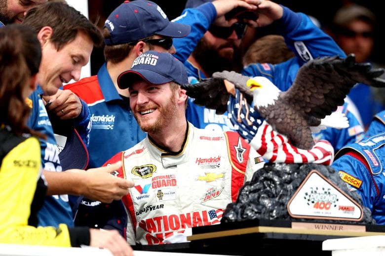 LONG POND, PA - JUNE 08: Dale Earnhardt Jr., driver of the #88 National Guard Chevrolet, shares a smile in Victory Lane with Steve Letarte, crew chief of the #88 National Guard Chevrolet, after winning the NASCAR Sprint Cup Series Pocono 400 at Pocono Raceway on June 8, 2014 in Long Pond, Pennsylvania. (Photo by Nick Laham/NASCAR via Getty Images)