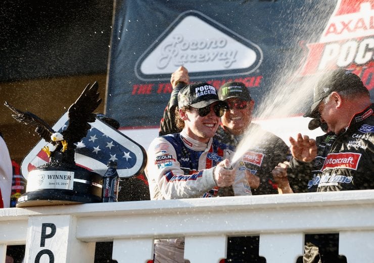LONG POND, PA - JUNE 11: Ryan Blaney, driver of the #21 Motorcraft/Quick Lane Tire & Auto Center Ford, celebrates in Victory Lane after winning the Monster Energy NASCAR Cup Series Axalta presents the Pocono 400 at Pocono Raceway on June 11, 2017 in Long Pond, Pennsylvania. (Photo by Jeff Zelevansky/Getty Images) | Getty Images