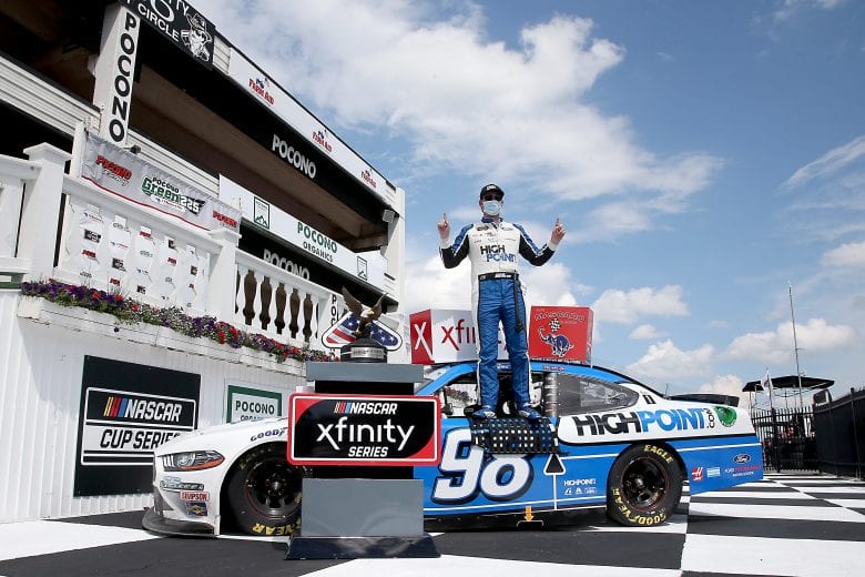 LONG POND, PENNSYLVANIA - JUNE 28: Chase Briscoe, driver of the #98 Highpoint.com Ford, celebrates in Victory Lane after winning the NASCAR Xfinity Series Pocono Green 225 Recycled by J.P. Mascaro & Sons at Pocono Raceway on June 28, 2020 in Long Pond, Pennsylvania. (Photo by Jared C. Tilton/Getty Images) | Getty Images
