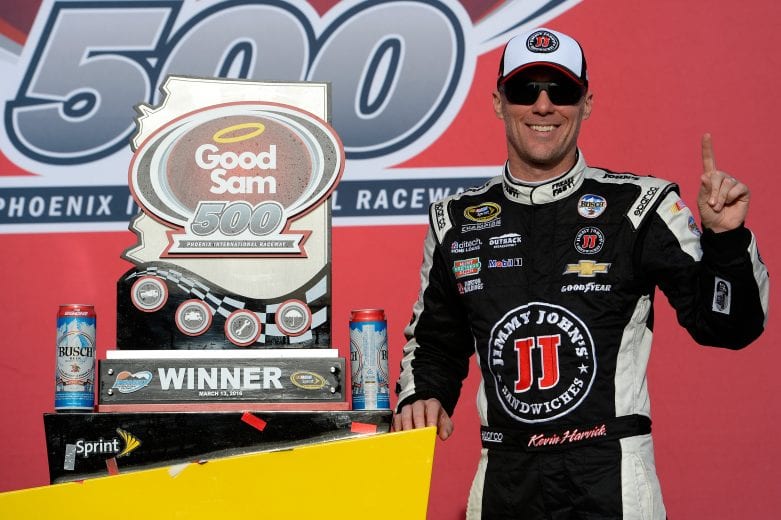AVONDALE, AZ - MARCH 13:  Kevin Harvick, driver of the #4 Jimmy John's Chevrolet, poses in victory lane after winning the NASCAR Sprint Cup Series Good Sam 500 at Phoenix International Raceway on March 13, 2016 in Avondale, Arizona.  (Photo by Robert Laberge/NASCAR via Getty Images)